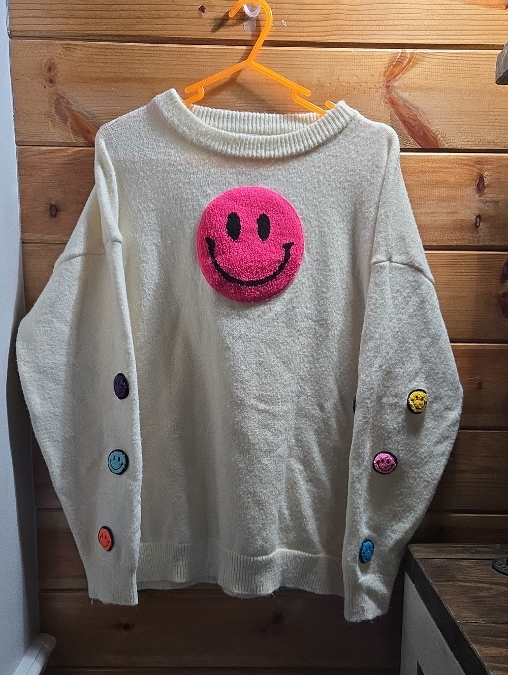 Hazel & Olive Cream Women's Crewneck Sweater with Pink Smiley Accent 0751